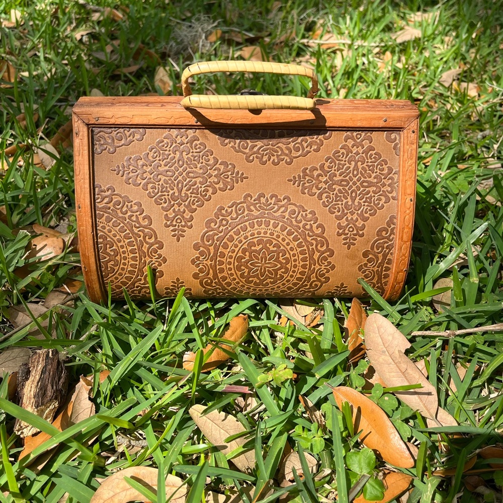 Rare Vintage 1940s boho Box Bag Purse. 1940s wood rattan and willow handbag